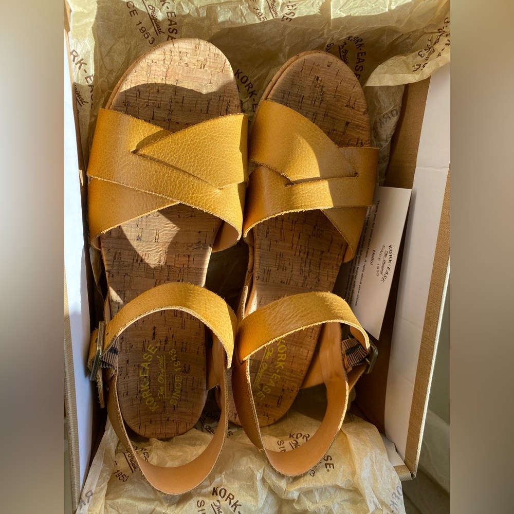 Kork-Ease Mustard Strappy Cork Wedges Size 10 Excellent Comfy Condition With Box - Picture 9 of 13